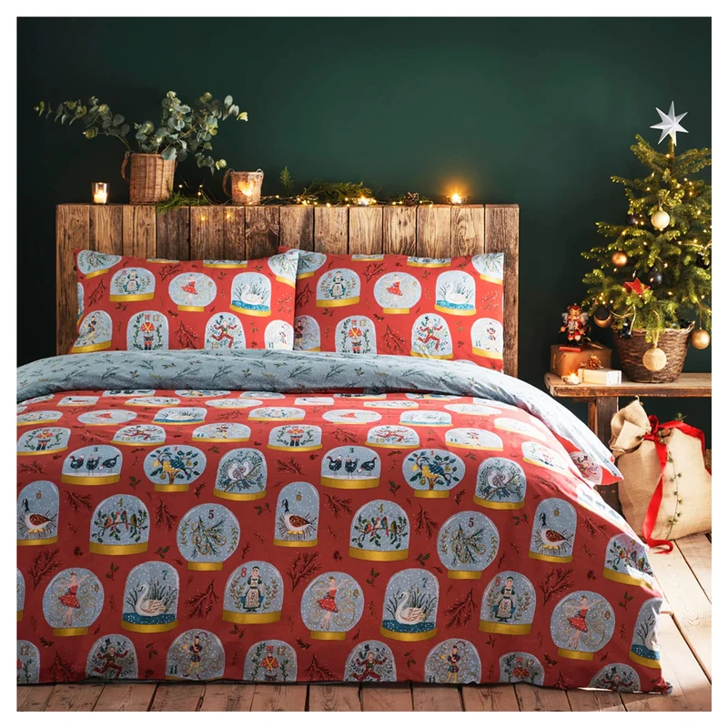 furn. Twelve Days of Christmas Duvet Cover Set, Cotton 50% Polyester, Red, 3pcs, King