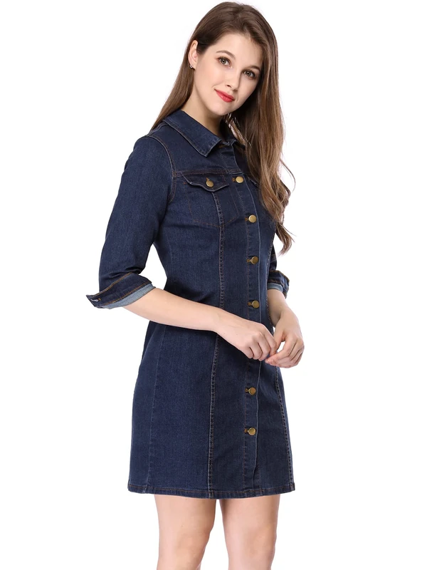 Allegra K Women's 3/4 Sleeve Button Down Denim Shirt Dress, Deep Blue, Medium