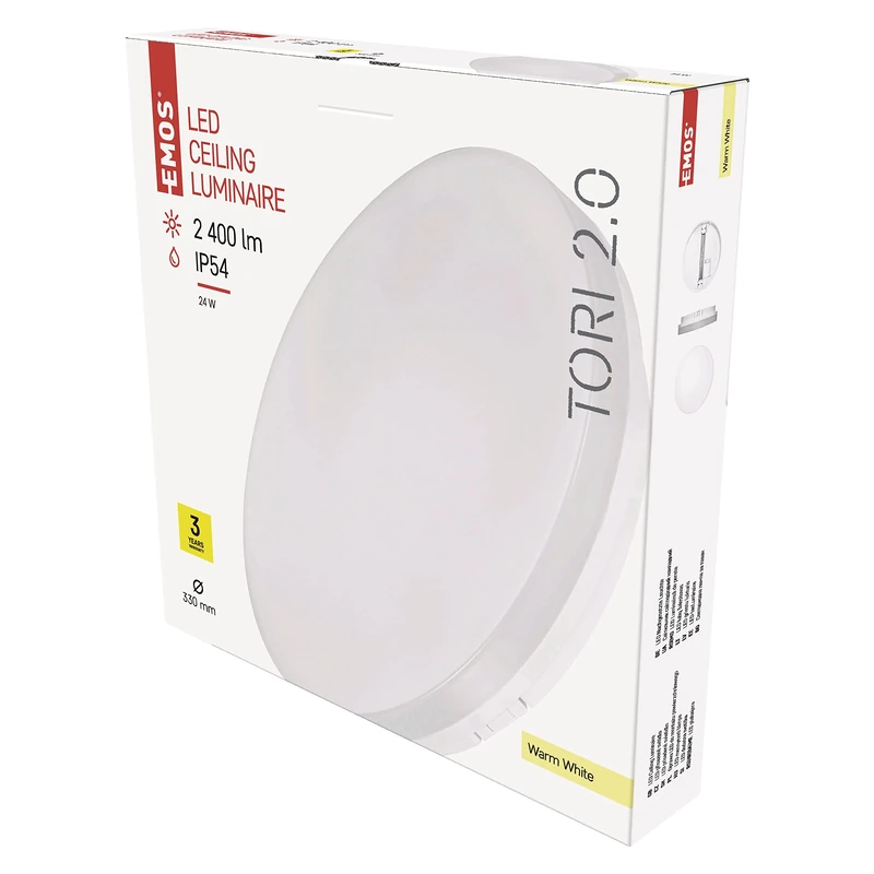 EMOS Tori LED Ceiling Light, 24W, 2400lm, Warm White (3000K), IP54 Waterproof, Suitable for Indoor/Outdoor Use, Ideal for Bathroom, Hallway, Kitchen