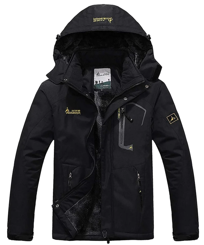 donhobo Womens Waterproof Jacket Winter Warm Fleece with Hood Windproof Camping Hiking Coat(Black,XXL)