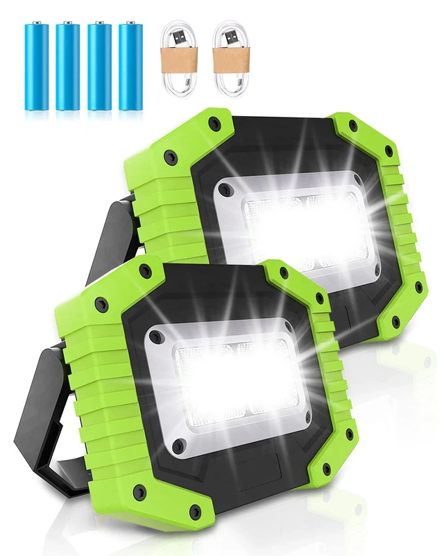 Trongle LED Rechargeable Work Lights, 30W Floodlight Battery Security Light with 3 Modes Outdoor COB Camping Lights with USB Waterproof for Garage, Fishing, Hiking (Green, 2 Packs, Batteries Included)