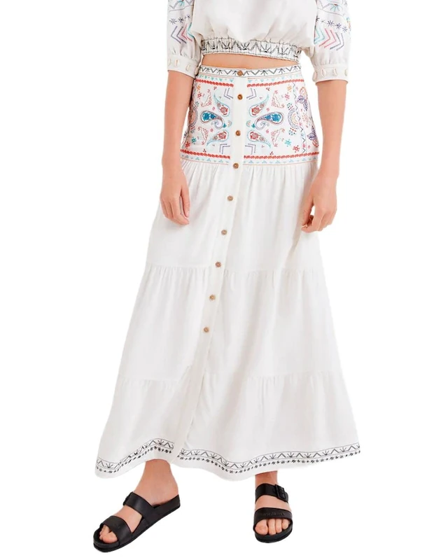 Desigual White Embroidered Maxi Boho Skirt 22SWFW02