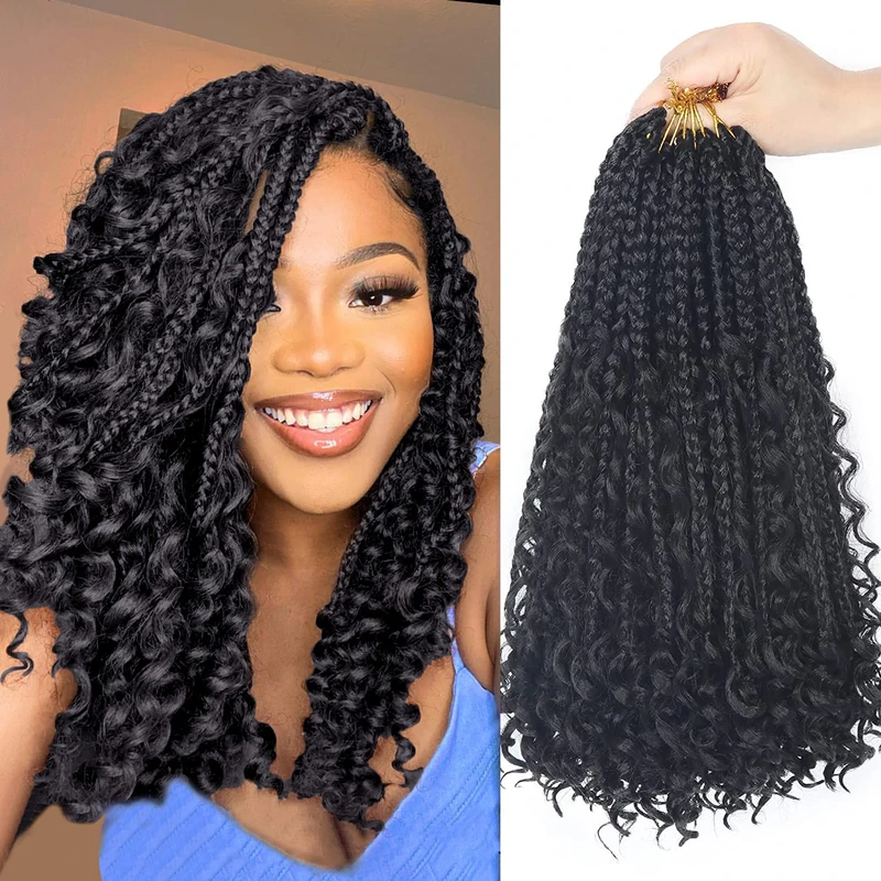 Goddess Bohemian Box Braids Crochet Hair - 14 Inch Curly Ends, 8 Packs Synthetic Braiding Hair Extensions for Black Women (14 Inch, 1B) - Image 1