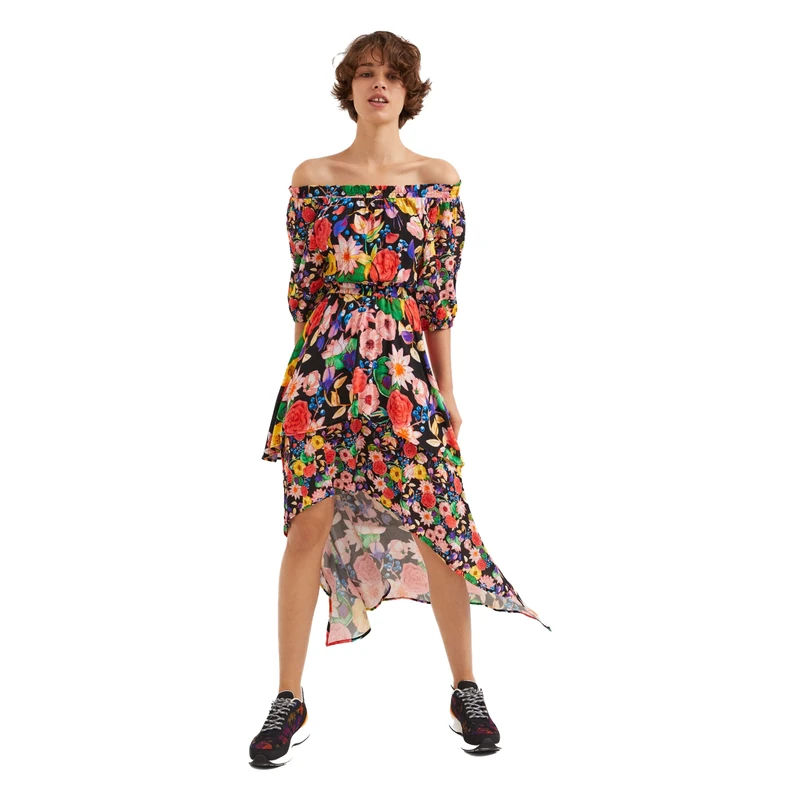 Desigual Ailea Dress 22SWVW62 SS22 Off Shoulder Tropical Floral Wavy Hem Multicoloured