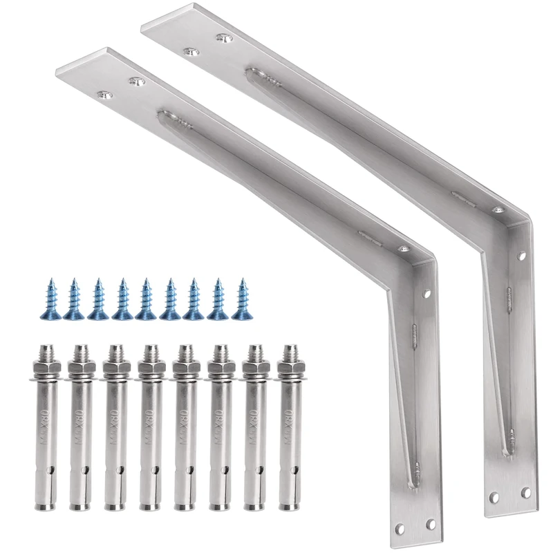 YUMORE Shelf Bracket Heavy Duty 16x10x2 in, 1/5IN Extra Thick Solid L Brackets Stainless Steel Countertop Bar Top Support Brackets Wall Mounted, Includes Hardware, 2 Pack