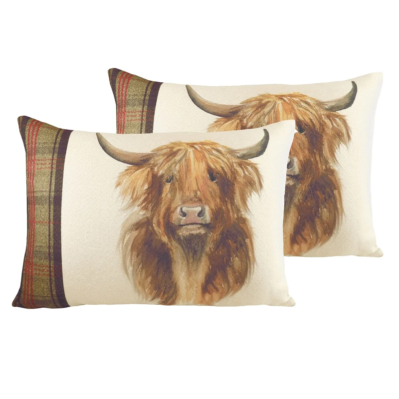 Evans Lichfield Hunter Highland Cow Polyester Filled Cushions (Twin Pack), Polyester, Multi