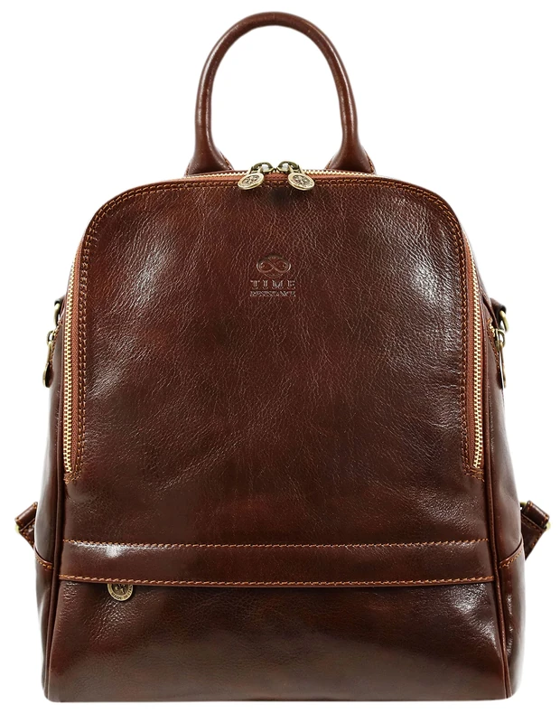 Time Resistance Leather Backpack - Convertible to Shoulder Bag - Full Grain Real Leather Travel Versatile Bag (Brown)