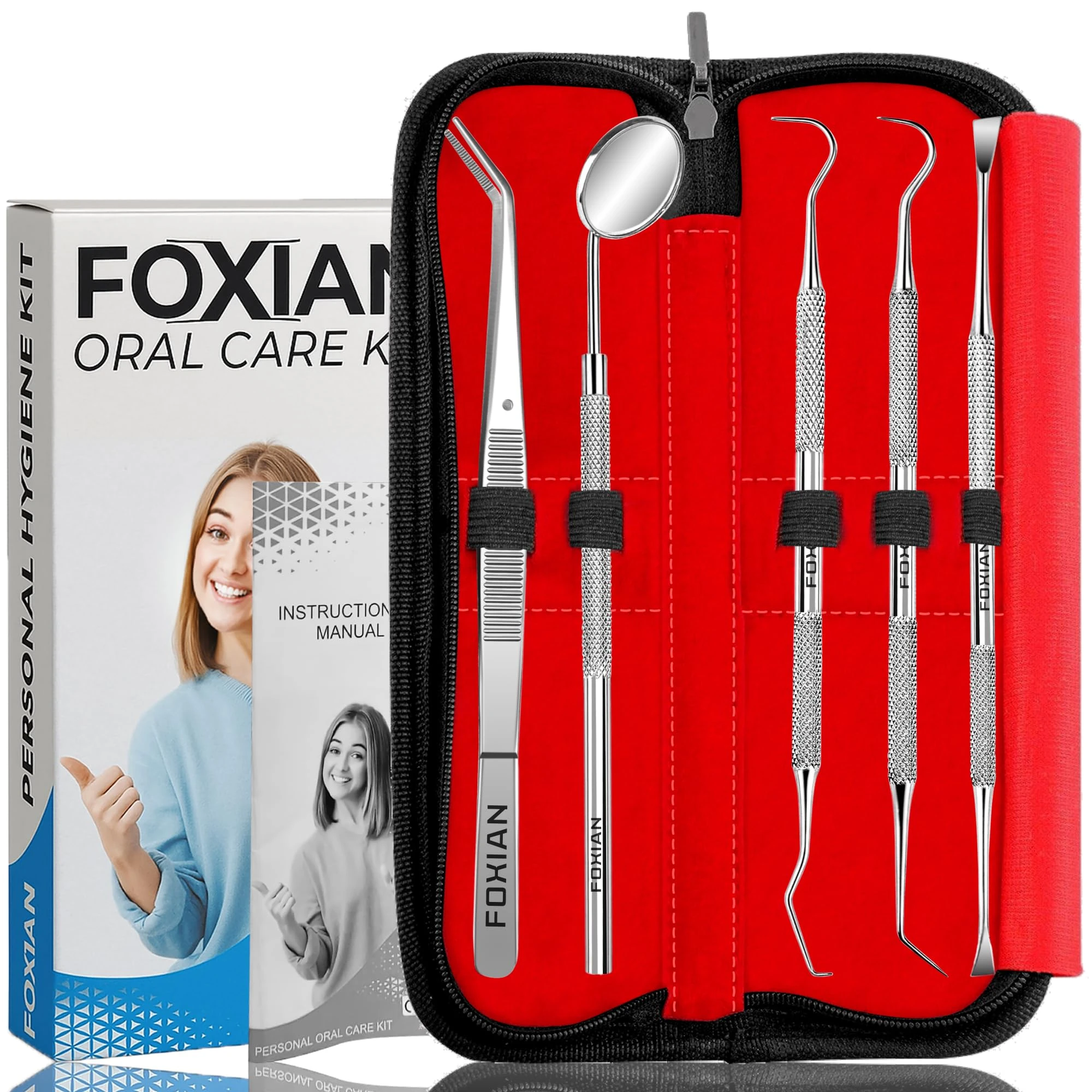 FOXIAN Professional 5 Pcs Oral Plaque Remover for Teeth Stainless Steel Tooth Picks Tartar Cleaner for Teeth Whitening & Oral Care Kit for Men Women Pets (5 Pcs)