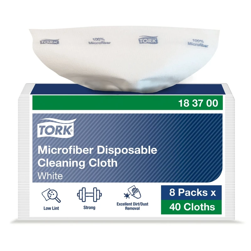 Tork Microfiber Disposable Cleaning Cloth White with Blue Print, Dry and Wet Use, 8 x 40 (320) cloths, 183700