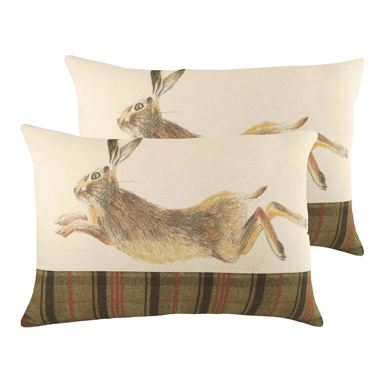 furn. Hunter Leaping Hare Twin Pack Feather Filled Cushions, Multi, 40 x 60cm