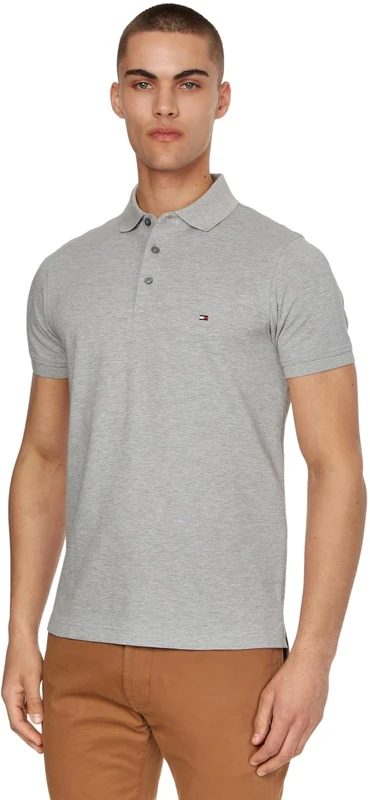 Tommy Hilfiger Men’s Short Sleeve 1985 Slim Fit Polo Shirt, Grey (Light Grey Heather), L