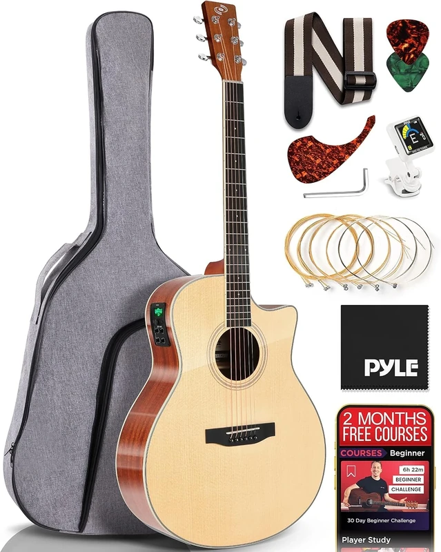 Pyle Electro-Acoustic Guitar with Spruce Top and Mahogany Sides - Full Size Standard Dreadnought Cutaway with Natural Matte Finish and Complete Starter Kit