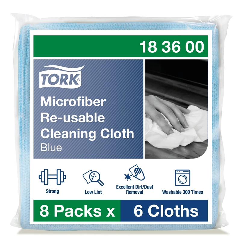 Tork Microfiber Reusable Cleaning Cloth Blue, Dry and Wet Use, 8 x 6 cloths, 183600