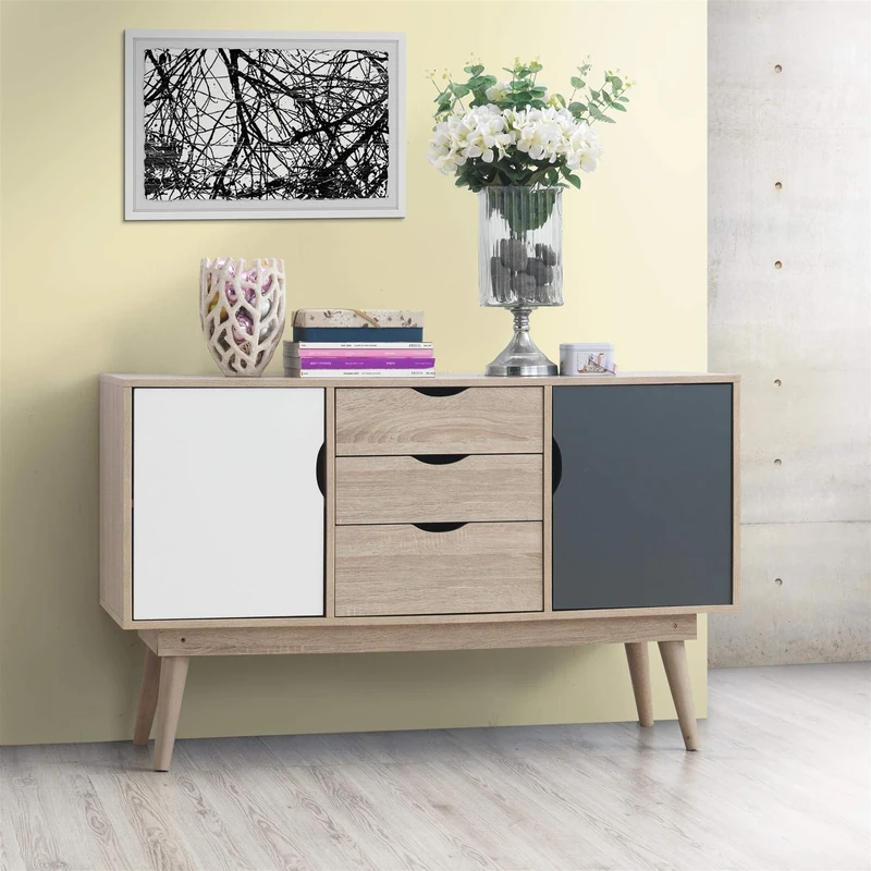 Timber Art Design UK Alford Sideboard Storage Cupboard with 2 Doors & 3 Drawers Compact Organizer Unit For Dining Room, Living Room in Sonoma Oak Wood Effect & White & Grey - W125cm x H77cm x D45cm