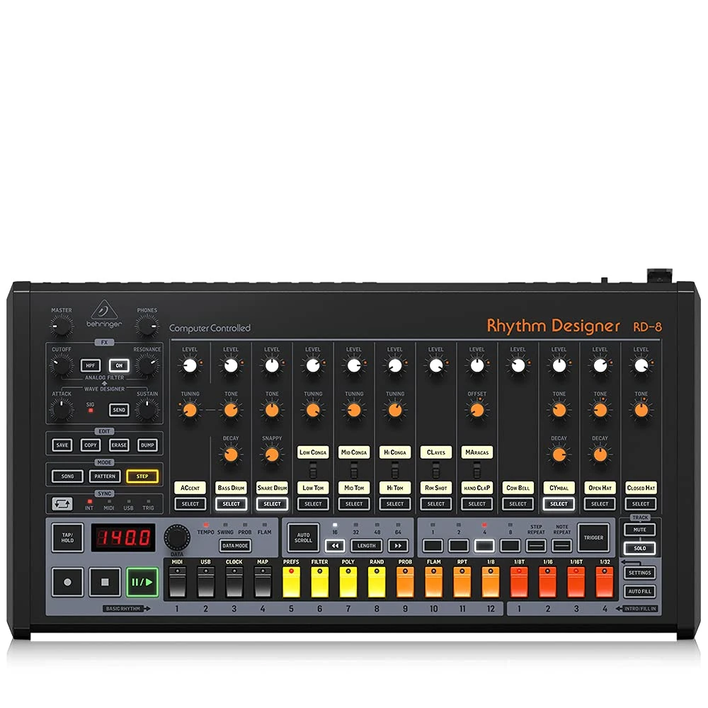 Behringer RHYTHM DESIGNER RD-8 Classic Analog Drum Machine with 16 Drum Sounds, 64 Step Sequencer, Wave Designer and Dual-Mode Filter