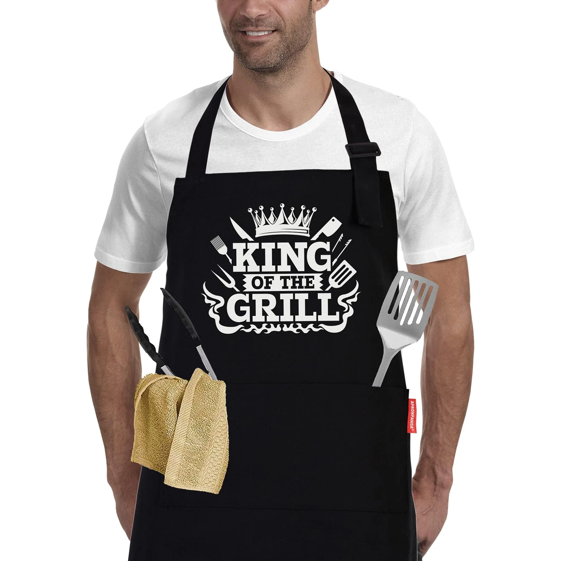APRONPANDA King of The Grill Apron, BBQ Aprons for Men with Pockets, Christmas Gifts for Men Him Dad, Professional Cooking Chef Cotton Apron for Kitchen,Baking