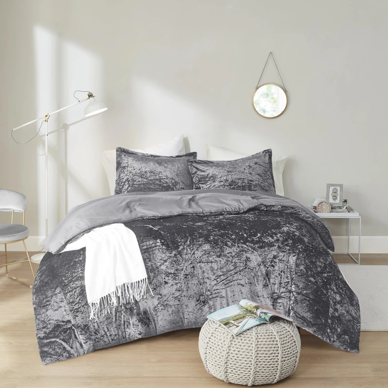 Comfort Spaces Juliette Luxe Comforter Set Velvet Lush with Soft Brushed Microfiber Reverse, All Season Cozy Velvet Bedding Sets, Fluffy Comforter Bed Set, Matching Sham, Grey Twin/Twin XL 2 Piece