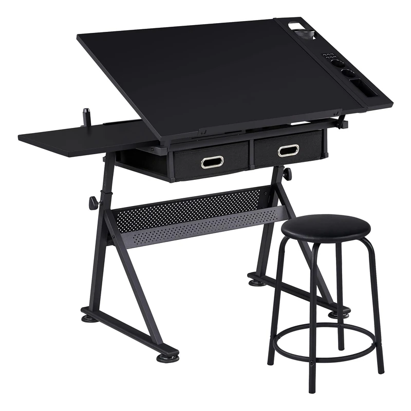 Yaheetech Adjustable Drafting Table, Tiltable Drawing Tabletop with Storage Drawers, Drawing Table Art/Craft Desk with Stool, 120.5x60x(69.5-92.5) cm