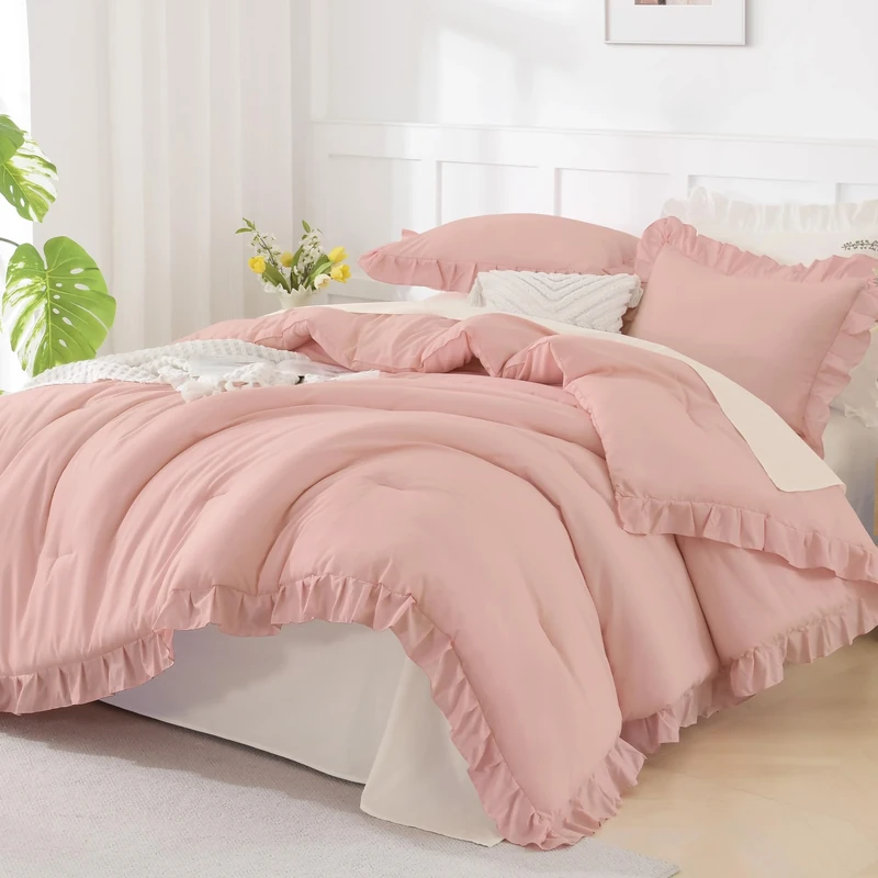 Andency Blush Pink Ruffle Comforter Full, 3 Pieces Rustic Farmhouse Shabby Chic Comforter Set, Vintage Lightweight Soft Microfiber Down Alternative Bedding Comforter Set