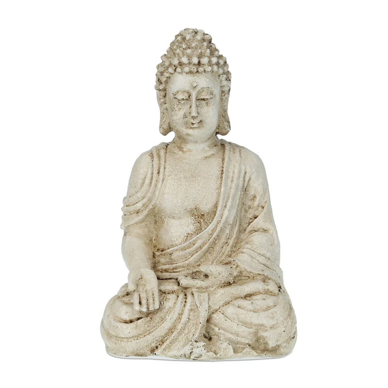 Relaxdays Buddha Statue, 17.5 cm Height, Garden Decoration, Weather and Frost Resistant, Living Room Deco, Cream White