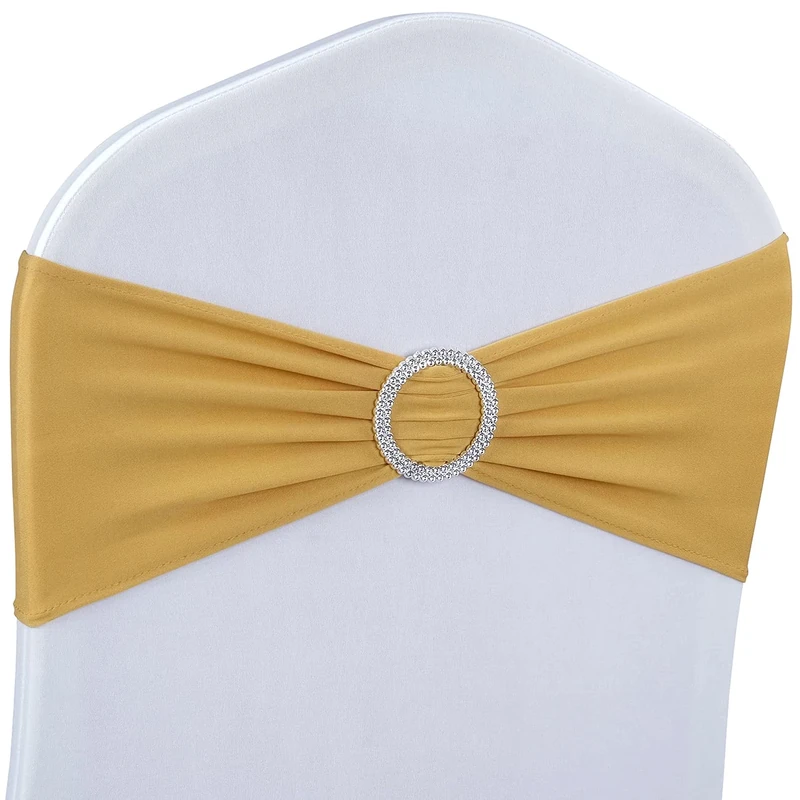Babenest Spandex Chair Sashes Bows 50PCS Premium Stretch Chair Cover Band with Buckle Slider Universal Elastic Chair Ties for Wedding Party Ceremony Reception Banquet Decoration (Gold)