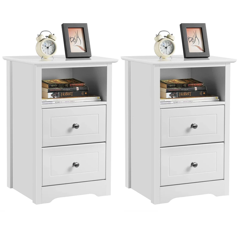 Yaheetech Bedside Tables Set of 2, Wooden Nightstand with 2 Storage Drawers, Open Compartment, Sturdy Modern Cabinet for Bedroom, Living Room, 35x40x60 cm, White