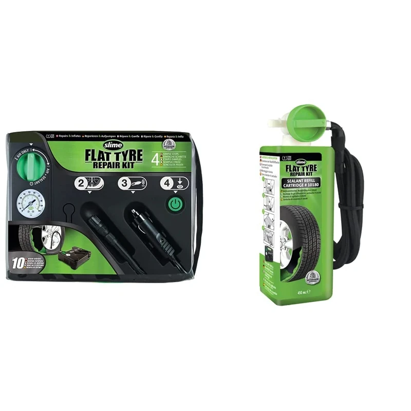 Slime 50129 Flat Tyre Puncture Emergency Kit, Includes Sealant and Tyre Inflator Pump & 10180 Flat Tyre Puncture Repair Kit Refill, Emergency Kit for Car Tyres, Sealant Replacement 10 Min Fix