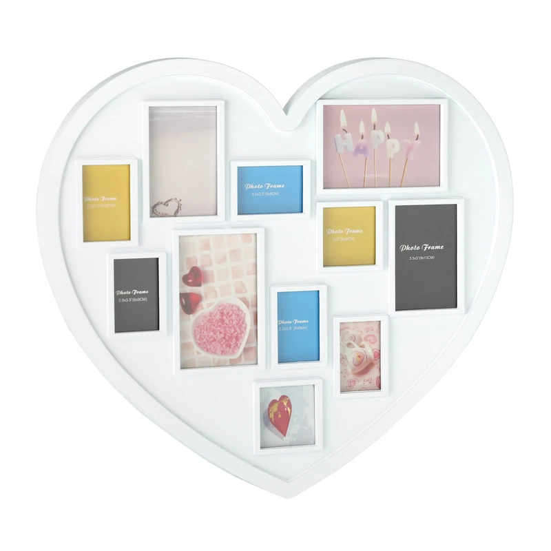 Relaxdays Photo Frame, Collage 11 Photos, Heart Shape, Total Dimensions H x W 46.5 x 53 cm, White - Image 1