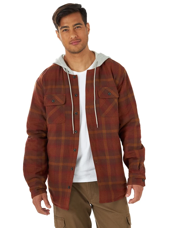 Wrangler Authentics Men's Long Sleeve Quilted Lined Flannel Shirt Jacket with Hood, Toffee, L