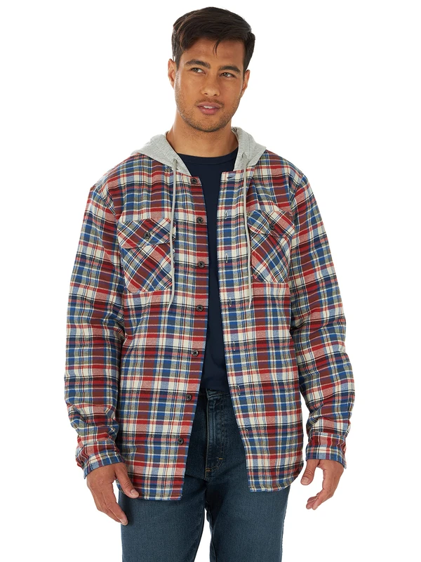 Wrangler Authentics Men's Long Sleeve Quilted Lined Flannel Shirt Jacket with Hood, Bossa Nova, XXL