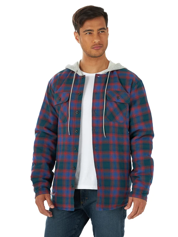 Wrangler Authentics Men's Long Sleeve Quilted Lined Flannel Shirt Jacket with Hood, Limoges, Medium
