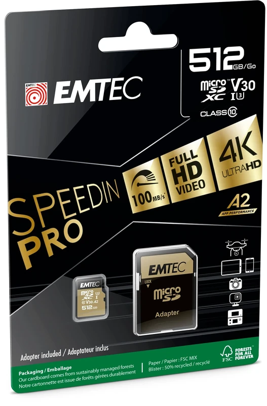 Emtec ECMSDM512GXC10SP 512GB MicroSDXC UHS-I Class 10 Black/Gold