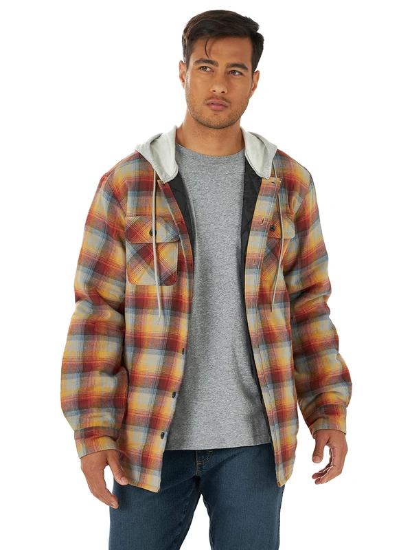 Wrangler Authentics Men's Long Sleeve Quilted Lined Flannel Shirt Jacket with Hood, Pale Gold, XL