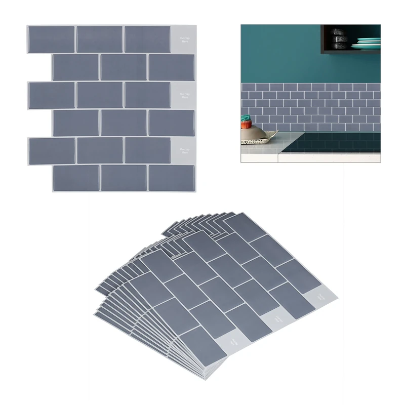Relaxdays Tile Stickers, Set of 10, Self-Adhesive, Kitchen & Bathroom, 30.5 x 30.5 cm, 3D, Subway, Underground, Grey
