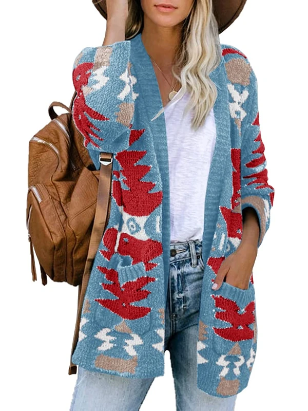 Women Boho Cardigan Aztec Open Front Loose Slouchy Sweaters Tribal Long Sleeve Knitted Christmas Jacket Coat