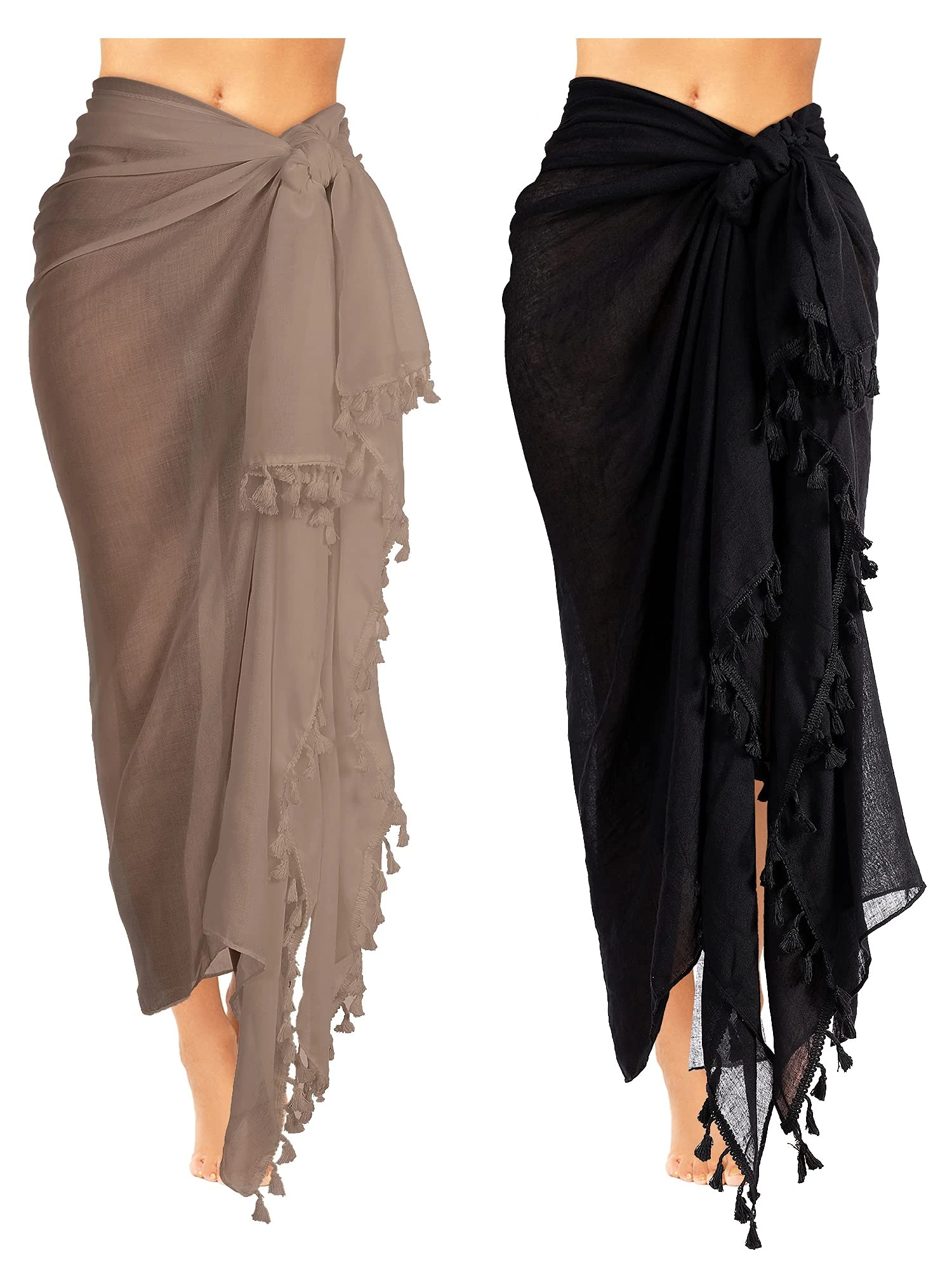Boao 2 Pieces Women Beach Batik Long Sarong Swimsuit Cover up Wrap Pareo with Tassel for Women Girls (Black, Khaki, Large)