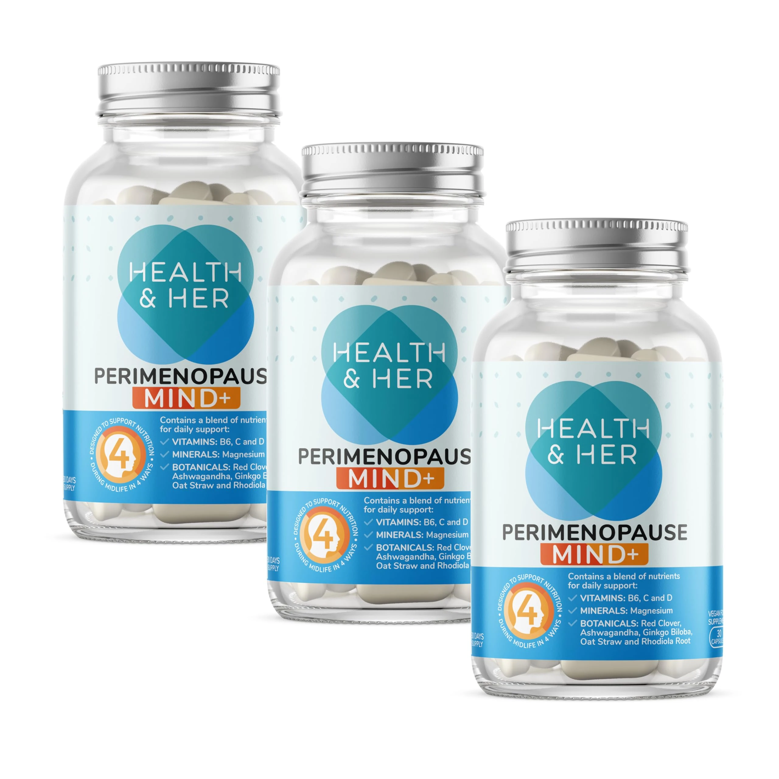 Health & Her Perimenopause Mind+ Supplements for Women - with Red Clover, Ashwagandha, Gingko Biloba - 3 Month Supply, 90 Capsules - Vegan & Gluten Free