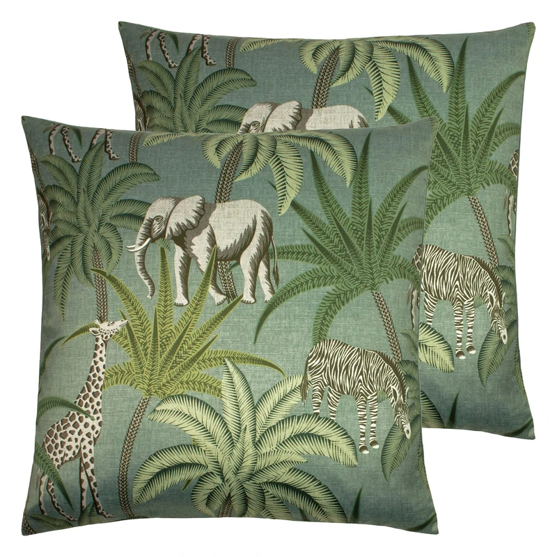 Paoletti Jungle Parade Twin Pack Feather Filled Cushions, Green, 50 x 50cm