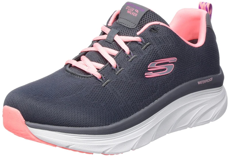 Skechers Women's D'Lux Walker Get Oasis Sneaker, Charcoal Mesh/Coral Trim, 5.5 UK