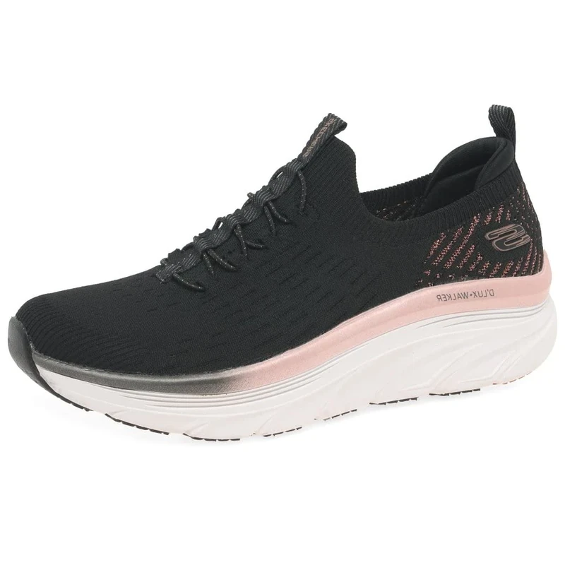 Skechers Women's D'Lux Walker Let It Glow Sneaker, Black Knit/Rose Gold Trim, 8 UK