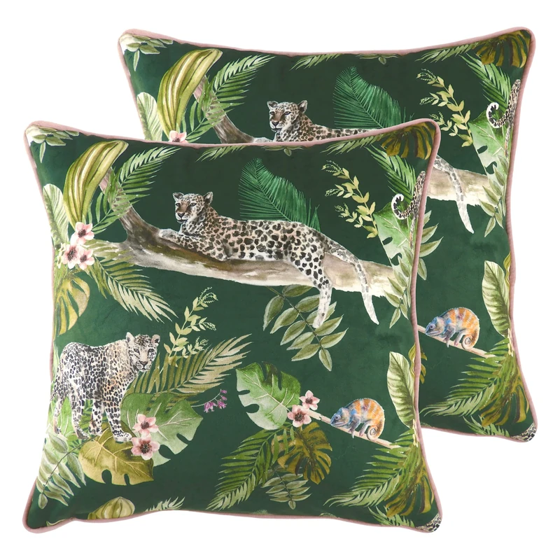 furn. Evans Lichfield Jungle Leopard Feather Filled Cushions (Twin Pack), Polyester, Green