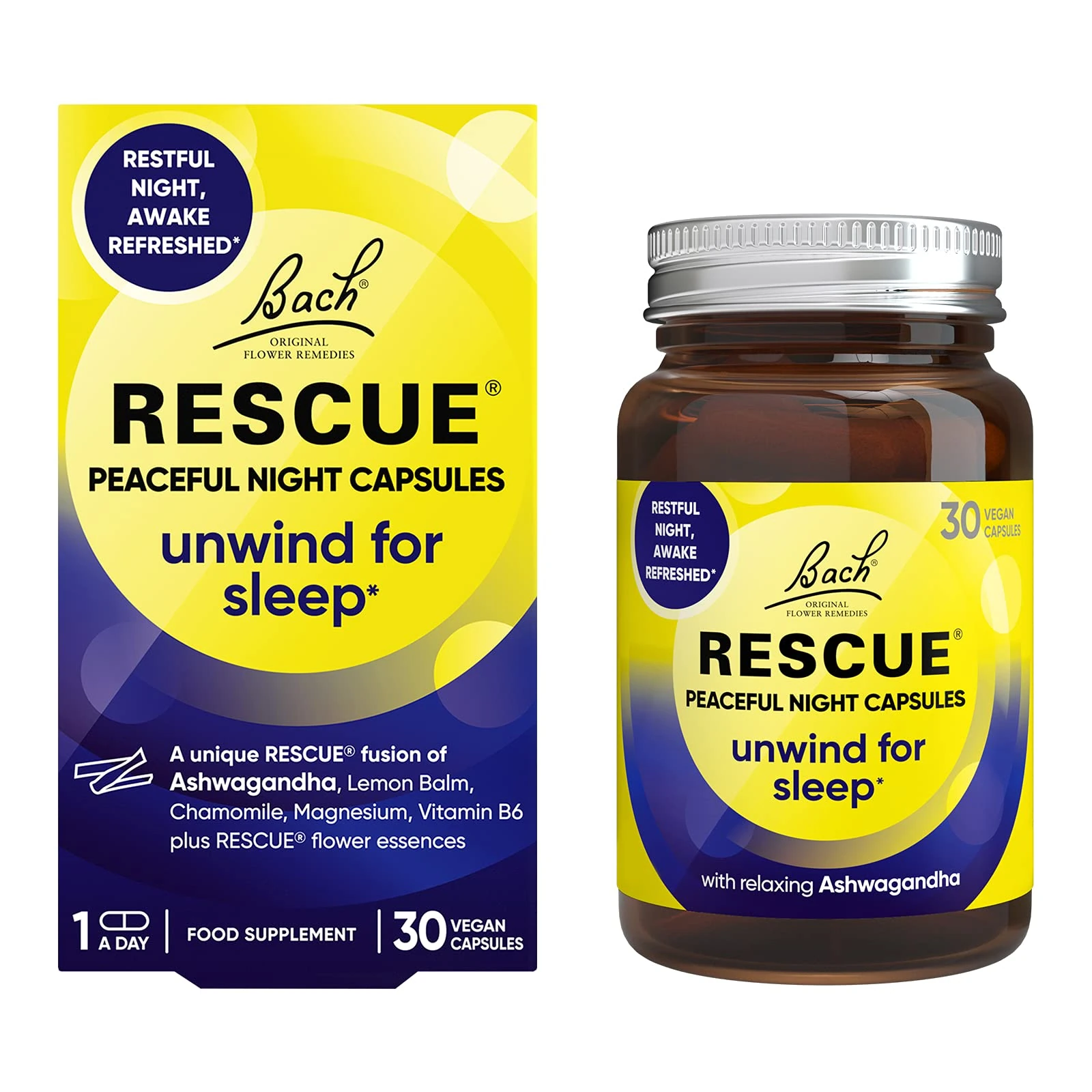 Rescue Peaceful Night Capsules | Natural Sleep Support | Bach Original Flower Essences | Ashwagandha KSM-66 | Magnesium | Chamomile | Vitamin B6 | 30 Vegan Capsules
