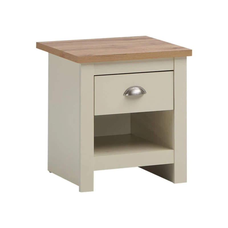 Timber Art Design UK Lisbon Bedside Table with 1 Drawer Chest Cabinet Storage Unit Nightstand Table Modern Furniture for Living Room, Bedroom, Hallway with Cream and Oak Effect, H50cm x W40cm x D43cm