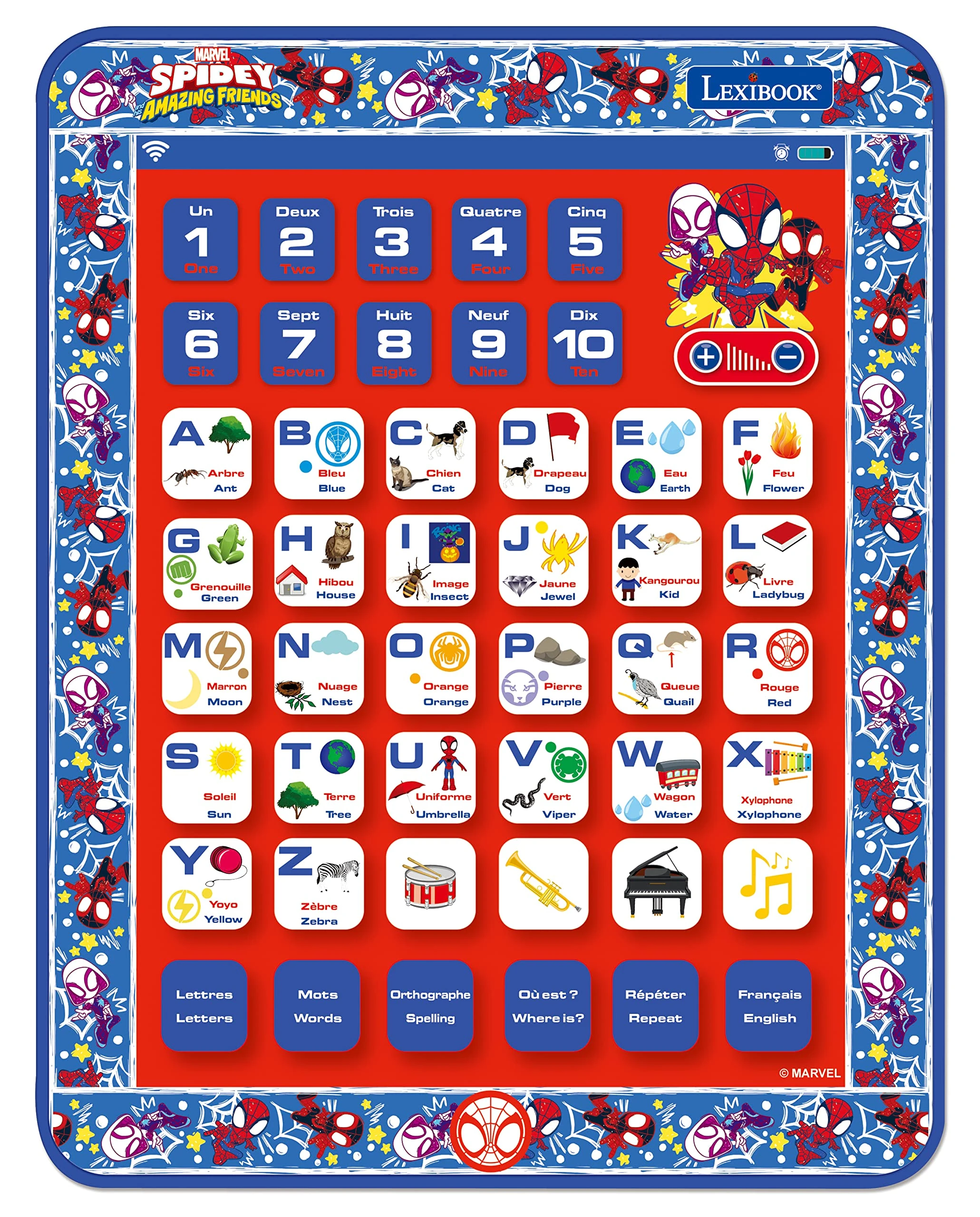 LEXIBOOK, Spidey and His Amazing Friends, Educational Bilingual Learning Tablet, Toy to learn alphabet letters numbers words spelling and music, English/French, Blue/red, JCPAD002SPi1