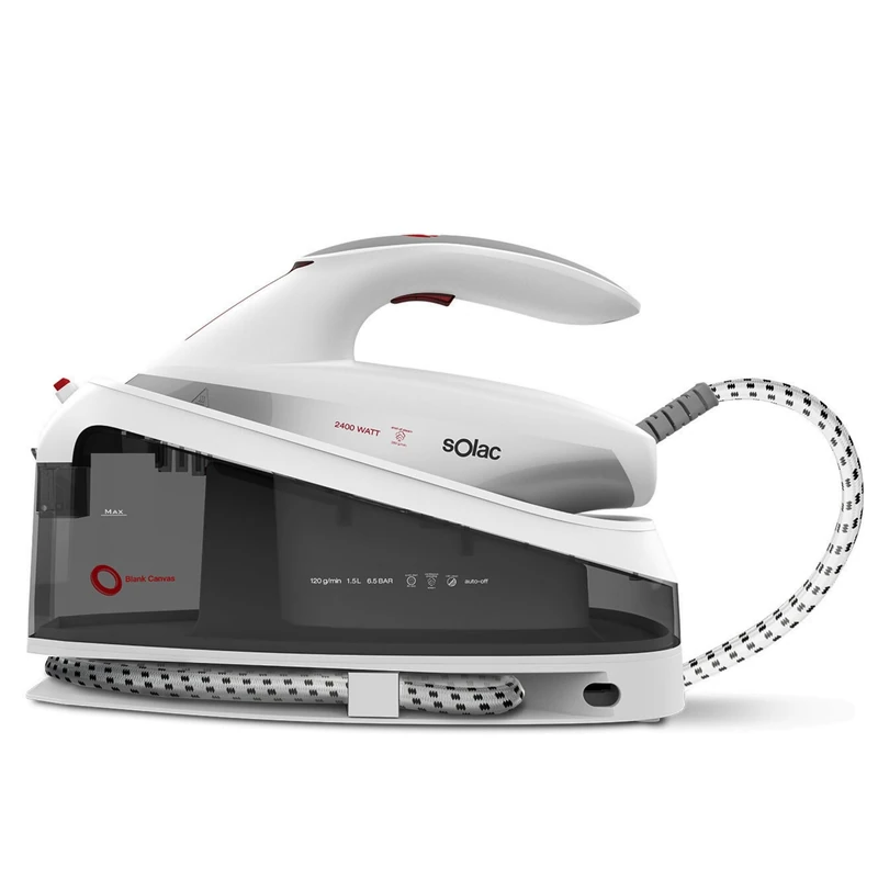 Solac CPB6200 Blank Canvas Ironing Centre. 6.5 bar overpressure. 2400 W. Quick start in 30 inches. Steam stroke 400 g/min. Max. constant steam 130 g/min. 1.5 L. Infinite load. Ceramic