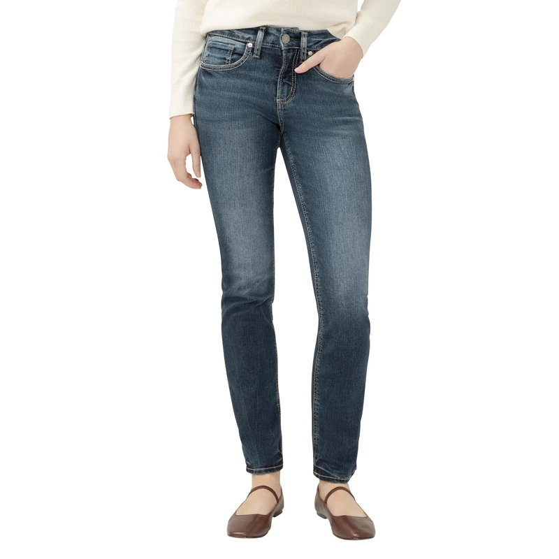 Silver Jeans Co. Women's Suki Mid Rise Curvy Fit Straight Leg Jeans, Dark Wash Edb359, 34W x 33L