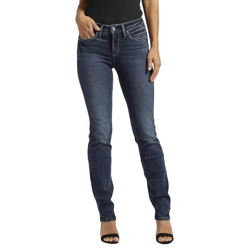 Silver Jeans Co. Women's Suki Mid Rise Curvy Fit Straight Leg Jeans, Dark Wash Edb359, 29W x 33L
