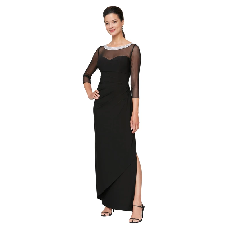 Alex Evenings Women's Long Matte Jersey Mother of The Bride Dress with 3/4 Illusion Sleeves (Petite and Regular Sizes), Classic Black, 14