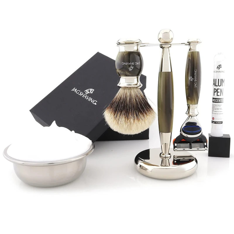 Jag Shaving Shaving Kit - 5 Piece Shaving Set - Jag's Lee Range - 5 Edge Shaving Blade Shaving Razor - Silvertip Badger Shaving Brush - Elegant Shaving Stand - Green Horn Imitation