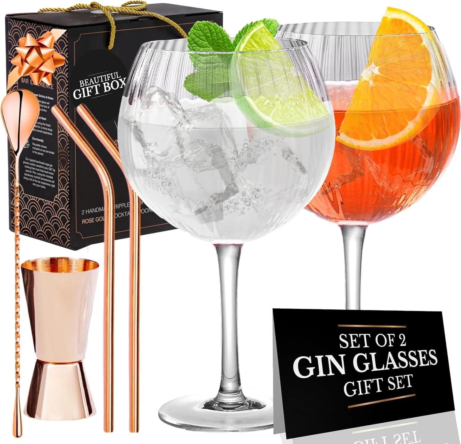 Vemacity Ribbed Gin Glasses Set of 2 (550ml) | Crystal Balloon Gin & Tonic Glasses with Rose Gold Jigger, Spoon & 2 Metal Straws | Luxury Cocktail & Aperol Spritz Glass Gift Set | Ideal for Christmas